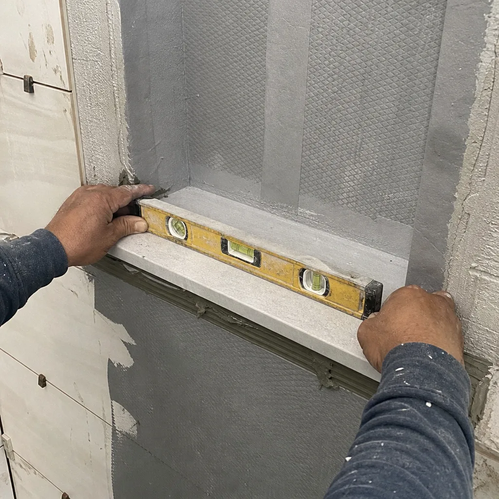 Contractor leveling a shower niche shelf during bathroom renovation