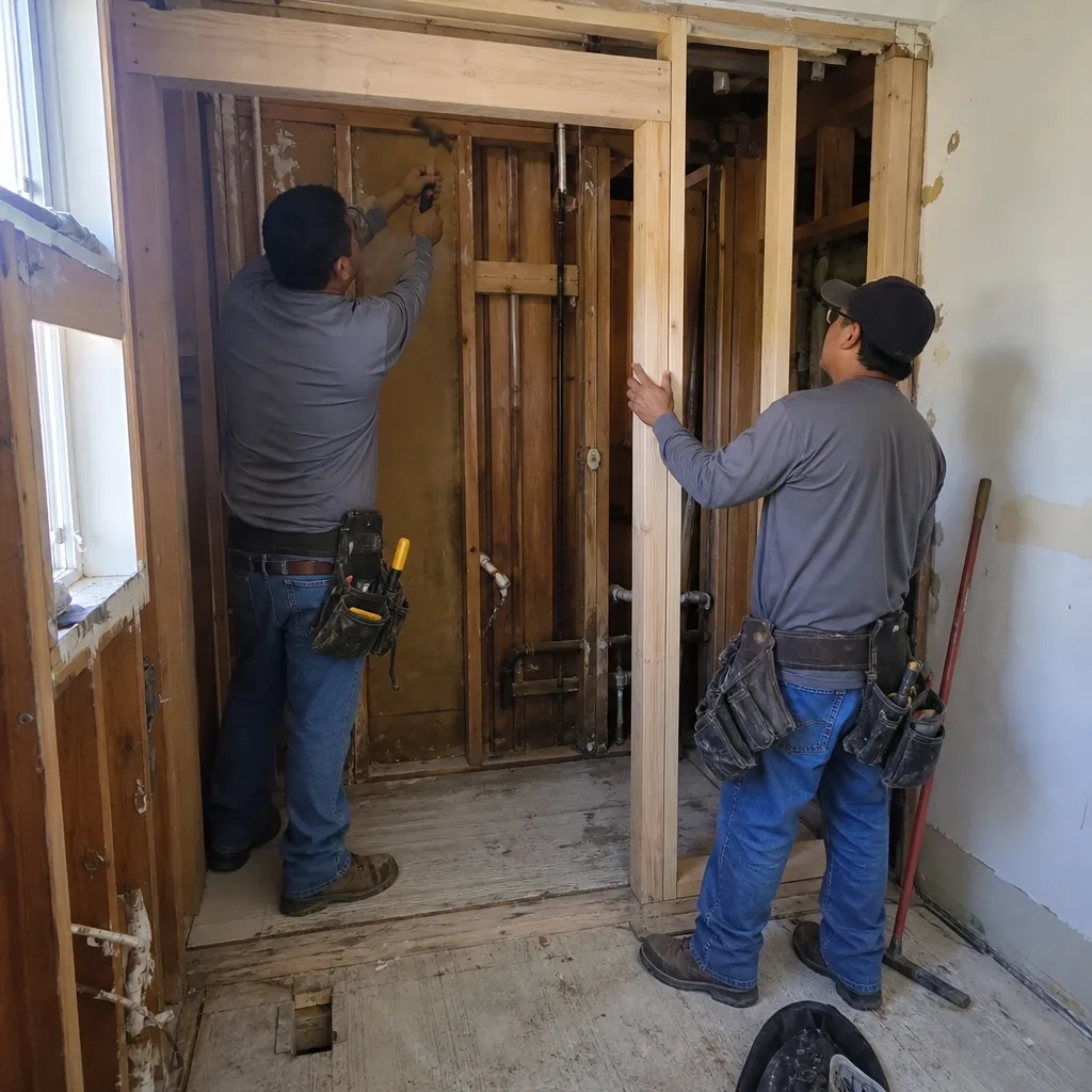 Professional construction workers installing wooden framing for a bathroom renovation