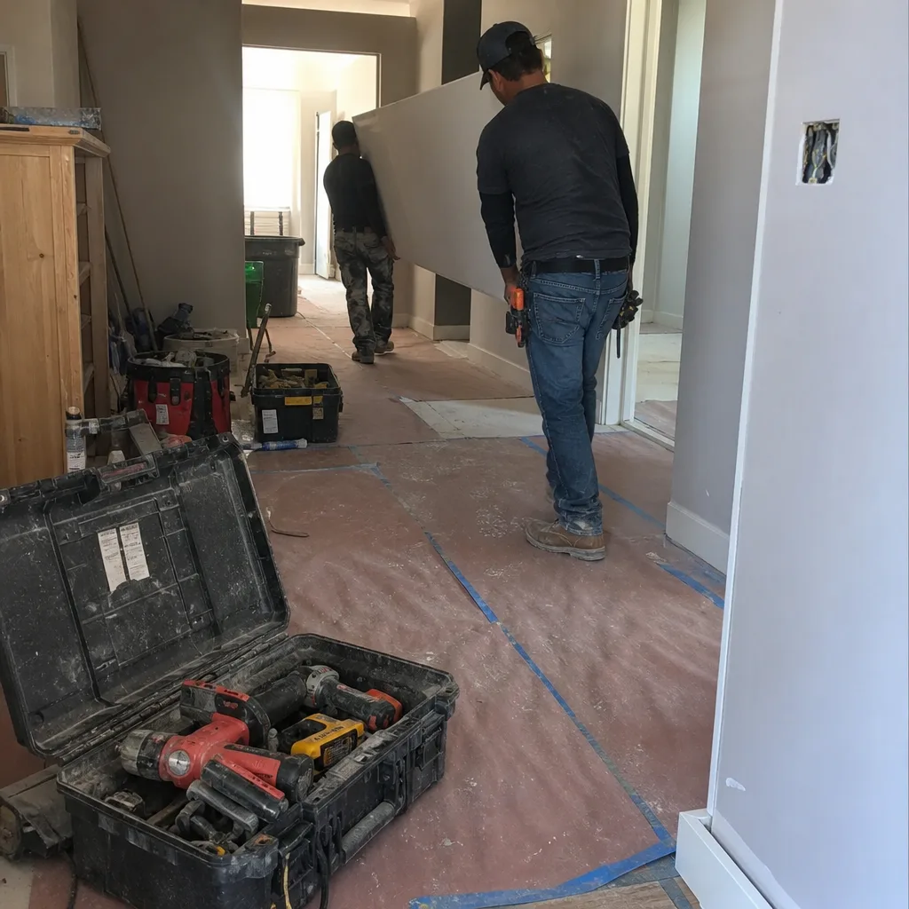 Two general contractors carrying building materials through a home renovation project