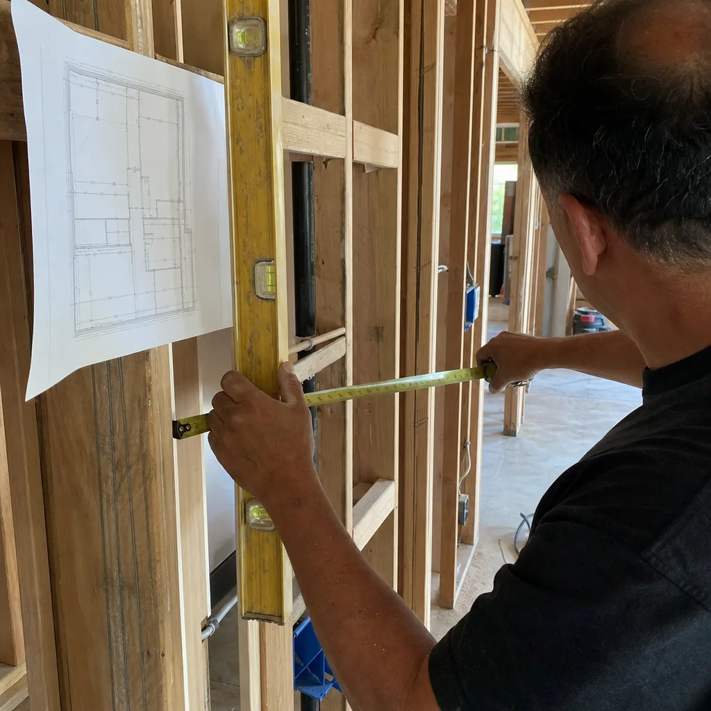 General contractor measuring wooden wall framing during home construction project