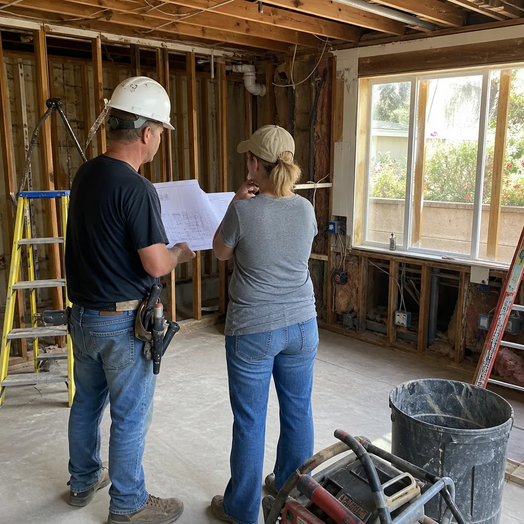 General contractor and client reviewing house renovation plans on construction site