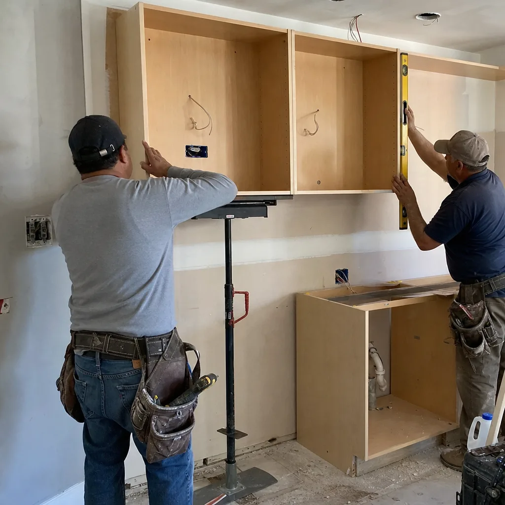 Two professional contractors installing kitchen cabinets during a home renovation.