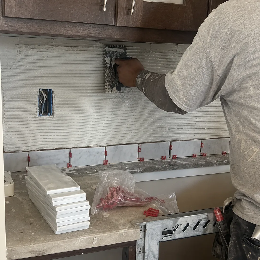Contractor applying mortar for marble kitchen backsplash tile installation