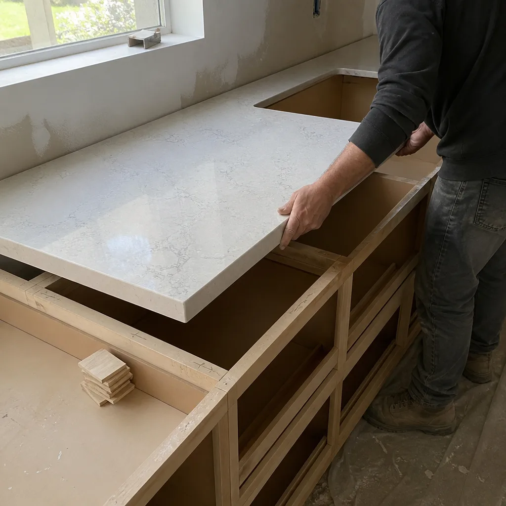 Professional contractor installing a new quartz kitchen countertop on wooden cabinets