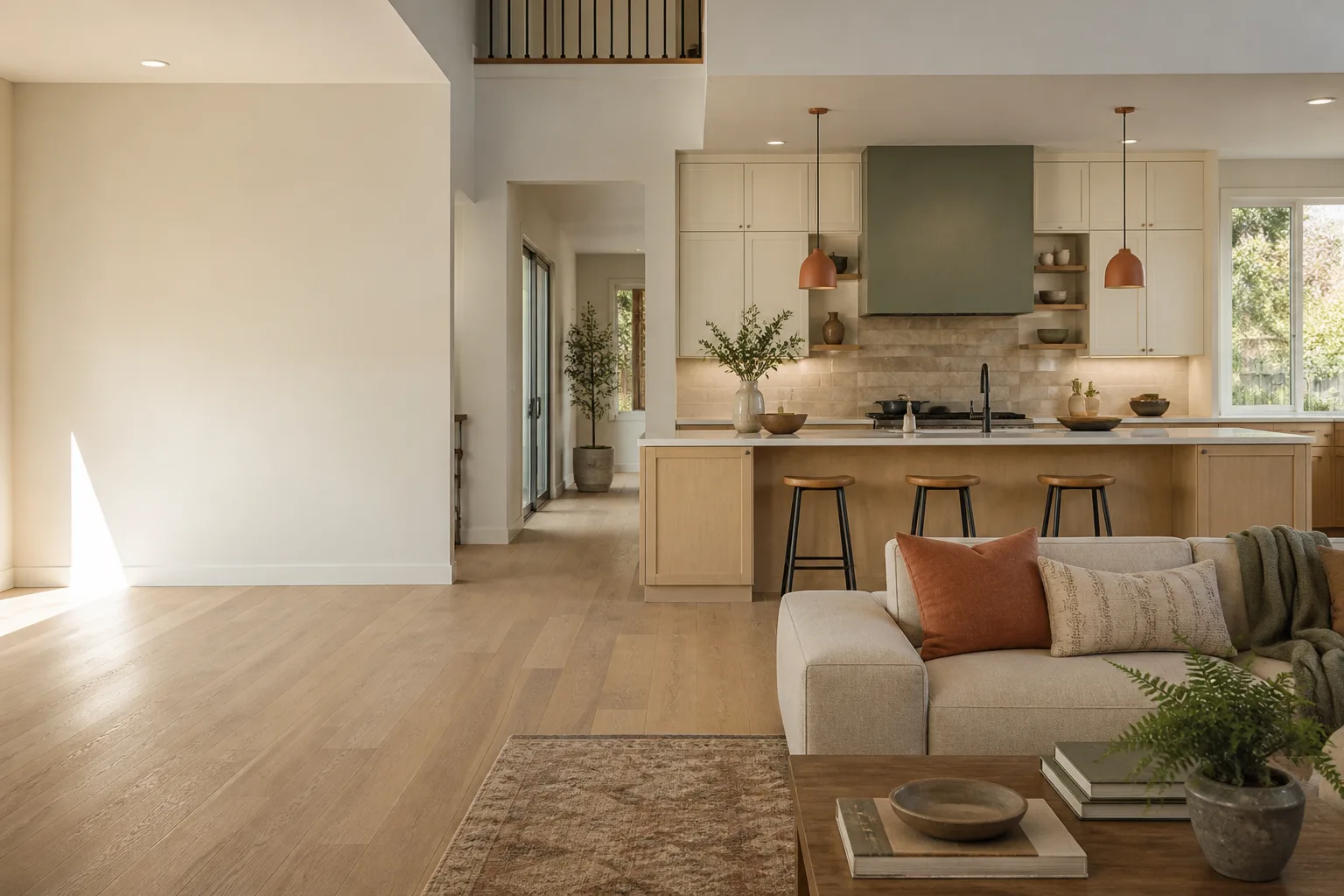 A remodeled open kitchen with a wood island and a painted range wall